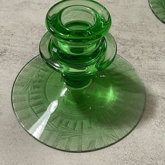 Vintage Green Depression Glass Flower Stripe Etch Console Bowl Candlesticks 3pc - Picture 4 of 9